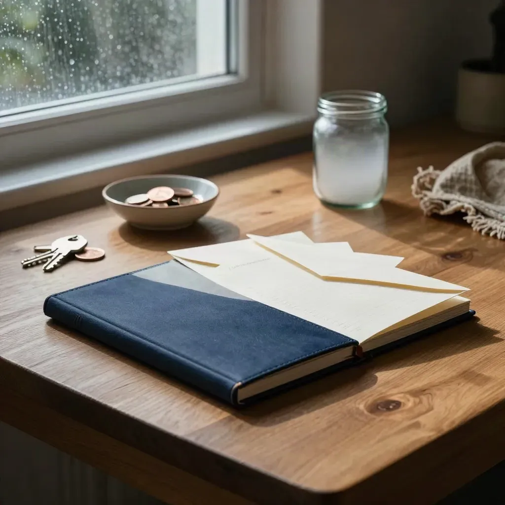 Kit de budget familial sur table en chêne, enveloppes, tirelire en verre et clés.