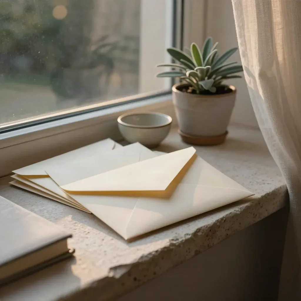 Rebord de fenêtre en pierre avec enveloppes budget, petit pot d’herbe, bol vide et carnet fermé au crépuscule.