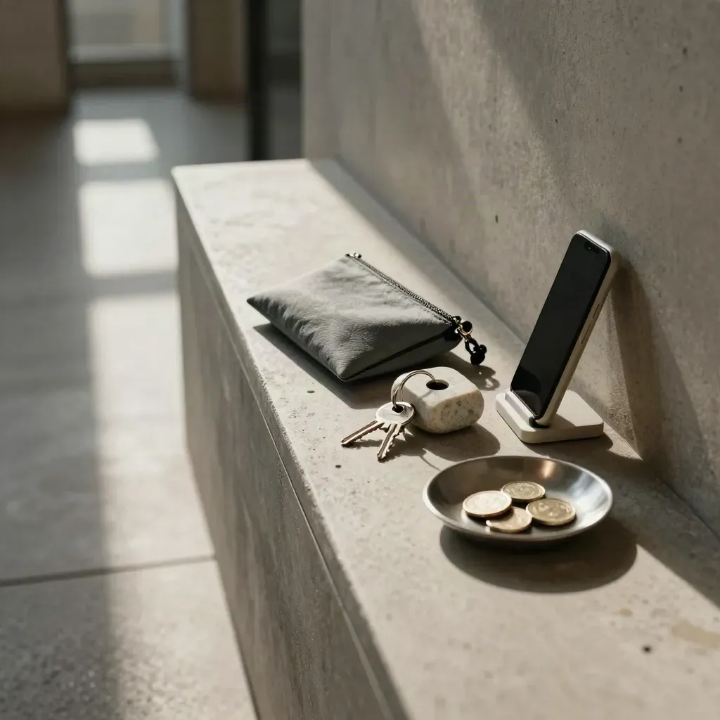 Console d’entrée avec pochette de reçus, vide-poche, clés et téléphone éteint dans la lumière de midi.