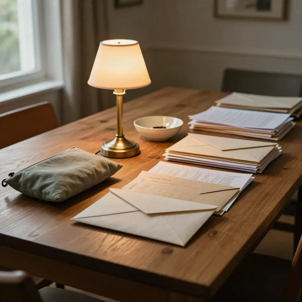 Enveloppes, dossiers et lampe sur table à manger, tri des charges fixes en lumière douce.