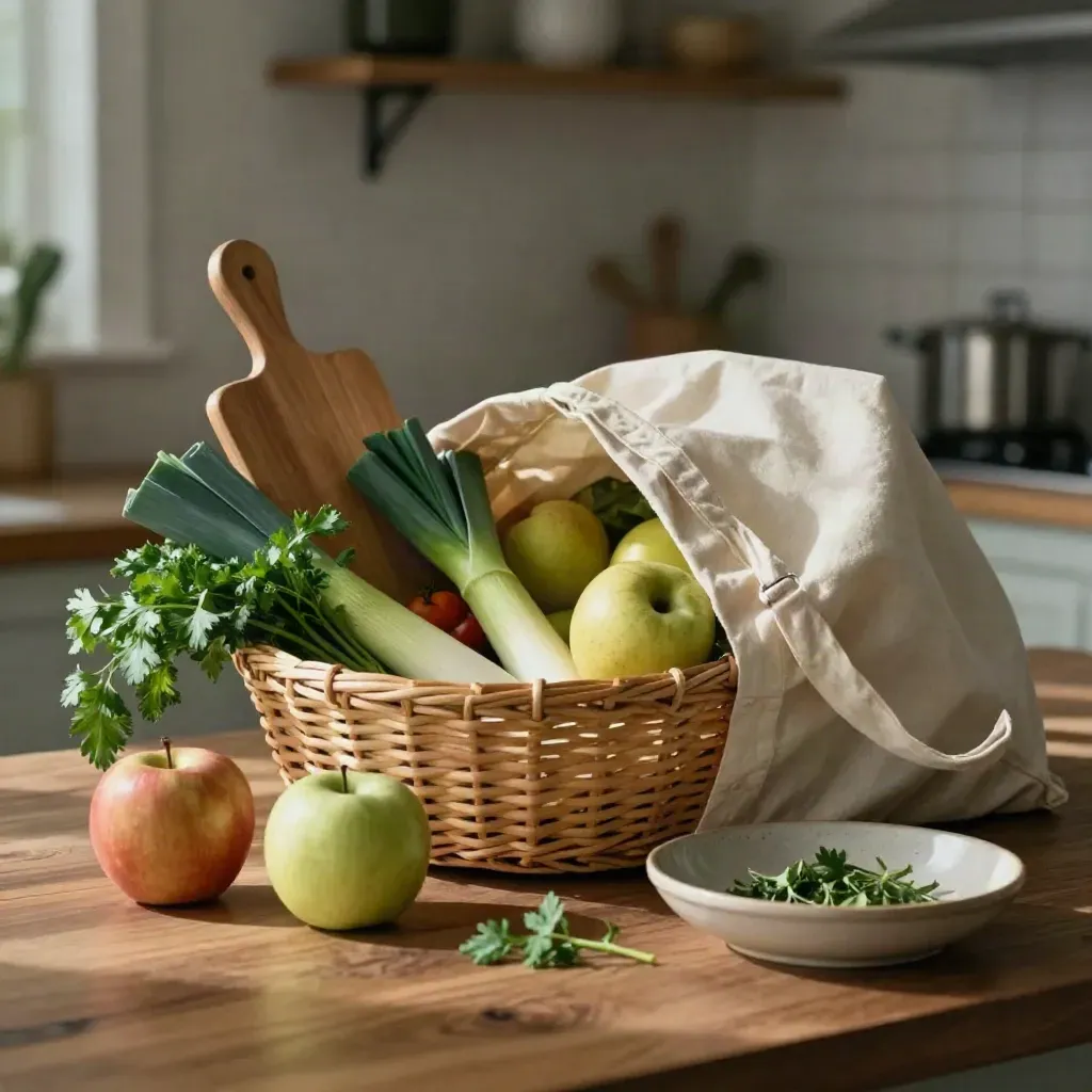 Sac de courses et panier de produits frais sur un plan de travail, lumière douce de marché.