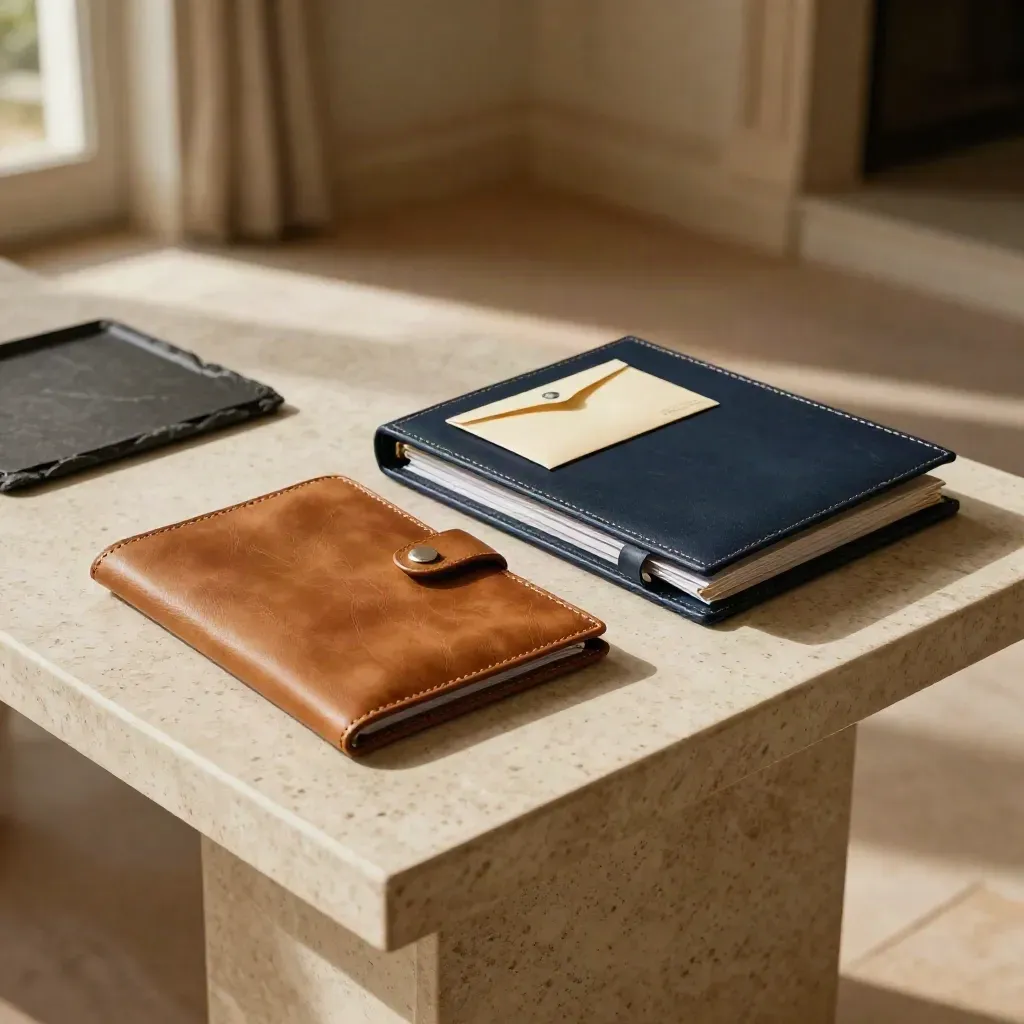 Vue de dessus d’un coin de charges fixes sur console avec pochette loyer, classeur et enveloppe assurance.