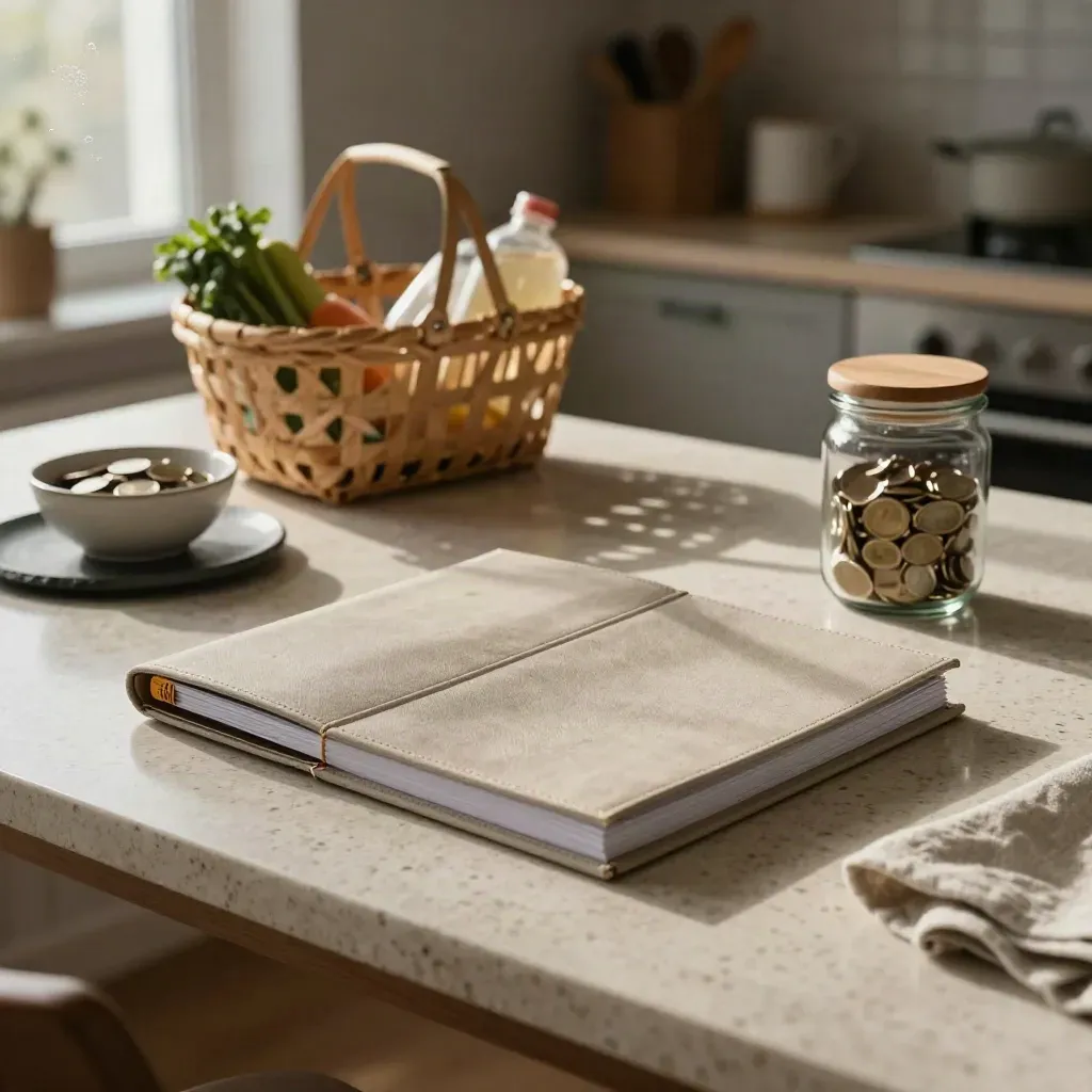 Coin, bocal d’épargne et classeur budget sur une table de cuisine au petit matin.