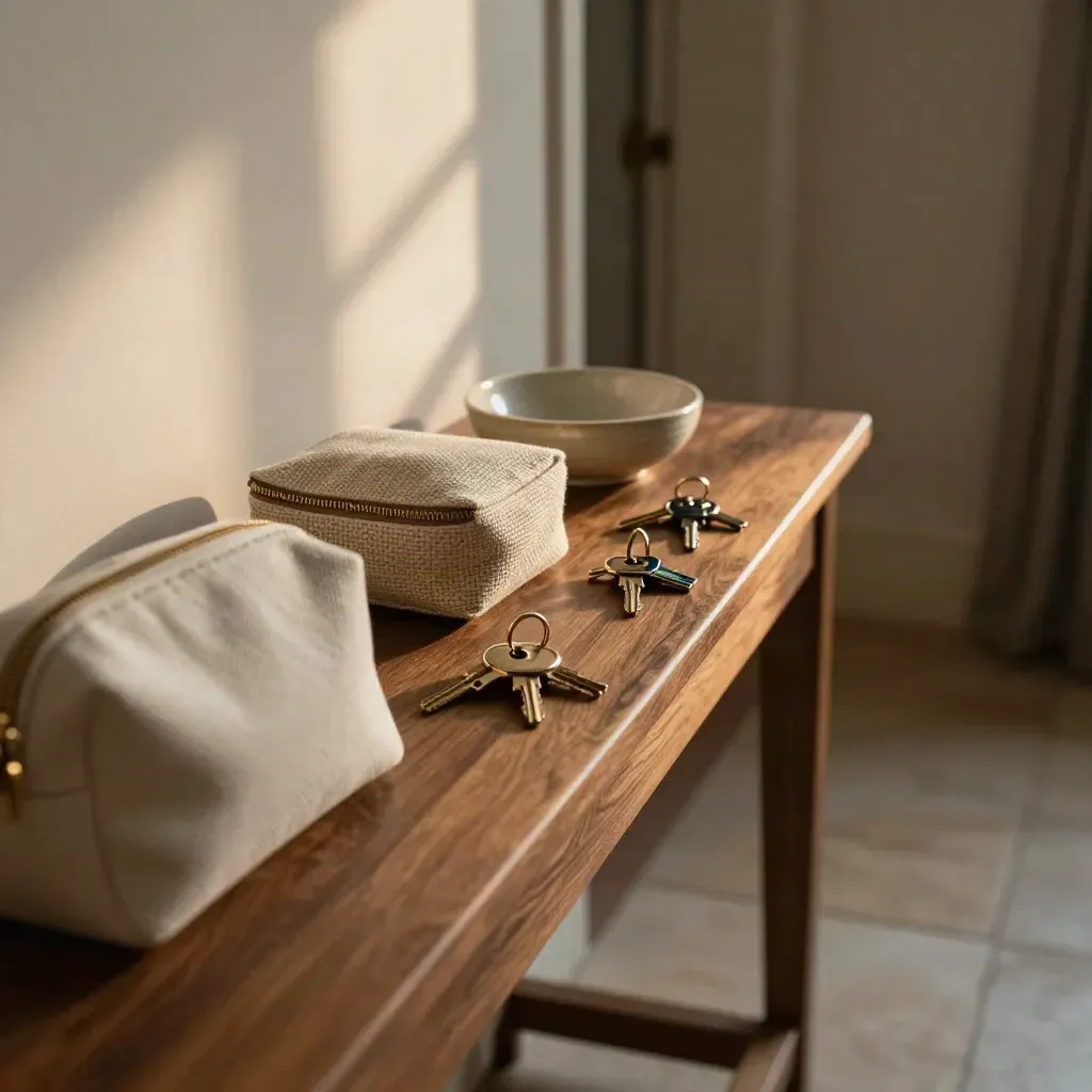 Pochettes neutres, trousse textile, vide-poche et clés sur une console lumineuse.