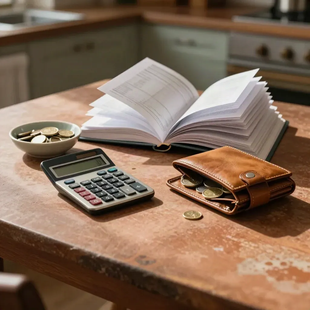 Classeur ouvert, calculatrice, bol de pièces, portefeuille renversé et coupelle vide sur table en terre cuite.