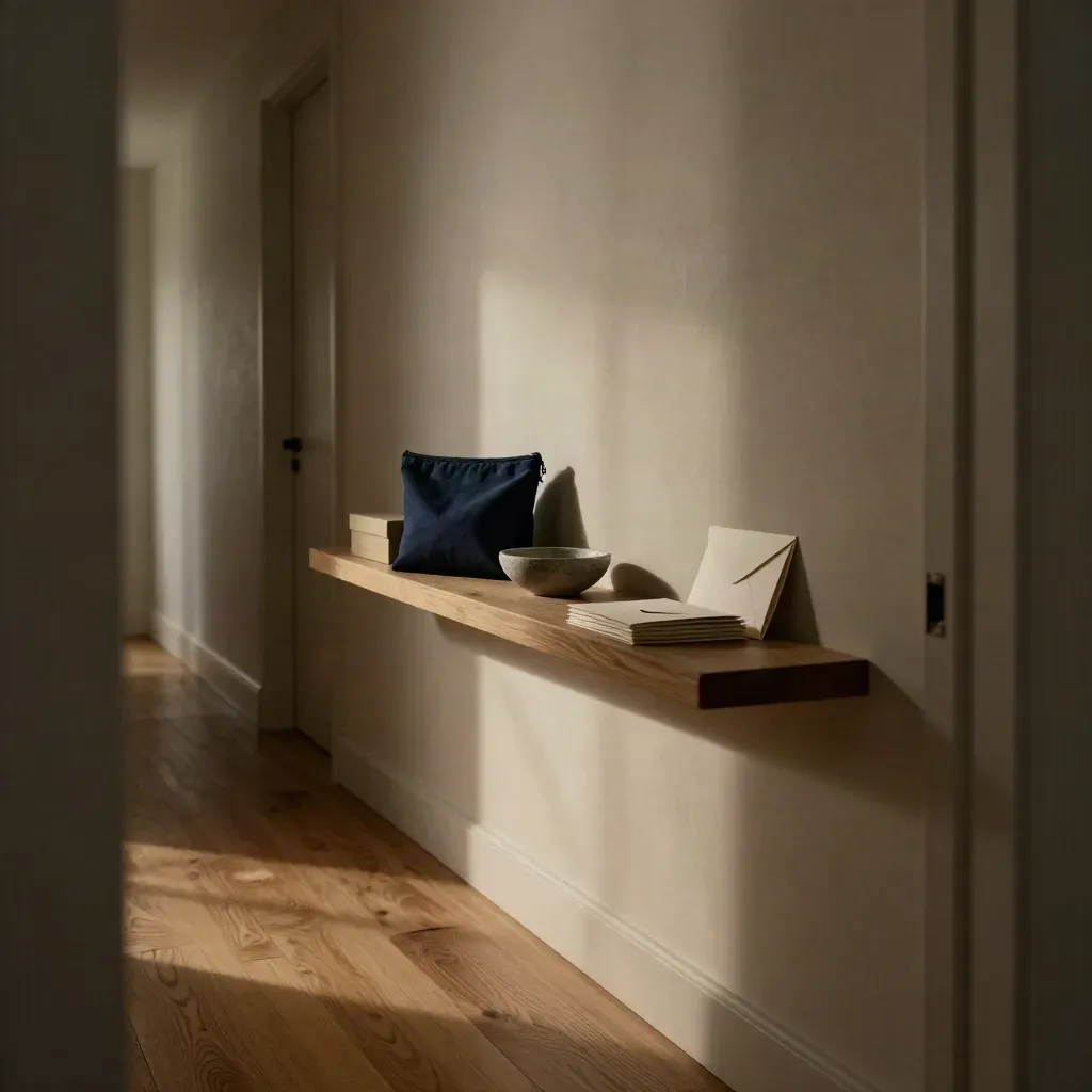 Couloir cosy avec pochette textile, boîte plate et courrier trié sur une console.