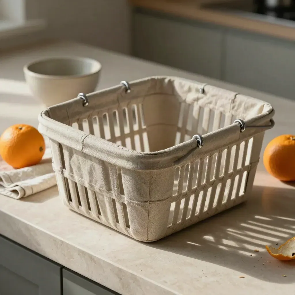 Panier de courses en toile, agrumes, torchon plié et bol en grès sur pierre claire.