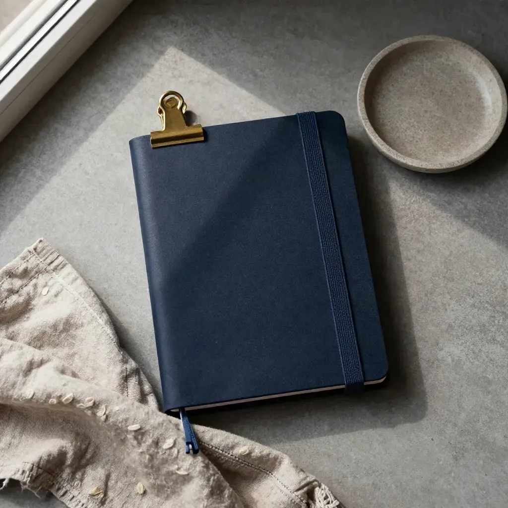 Carnet de budget bleu nuit, pince en laiton, coupelle en pierre et lin sur béton mat.
