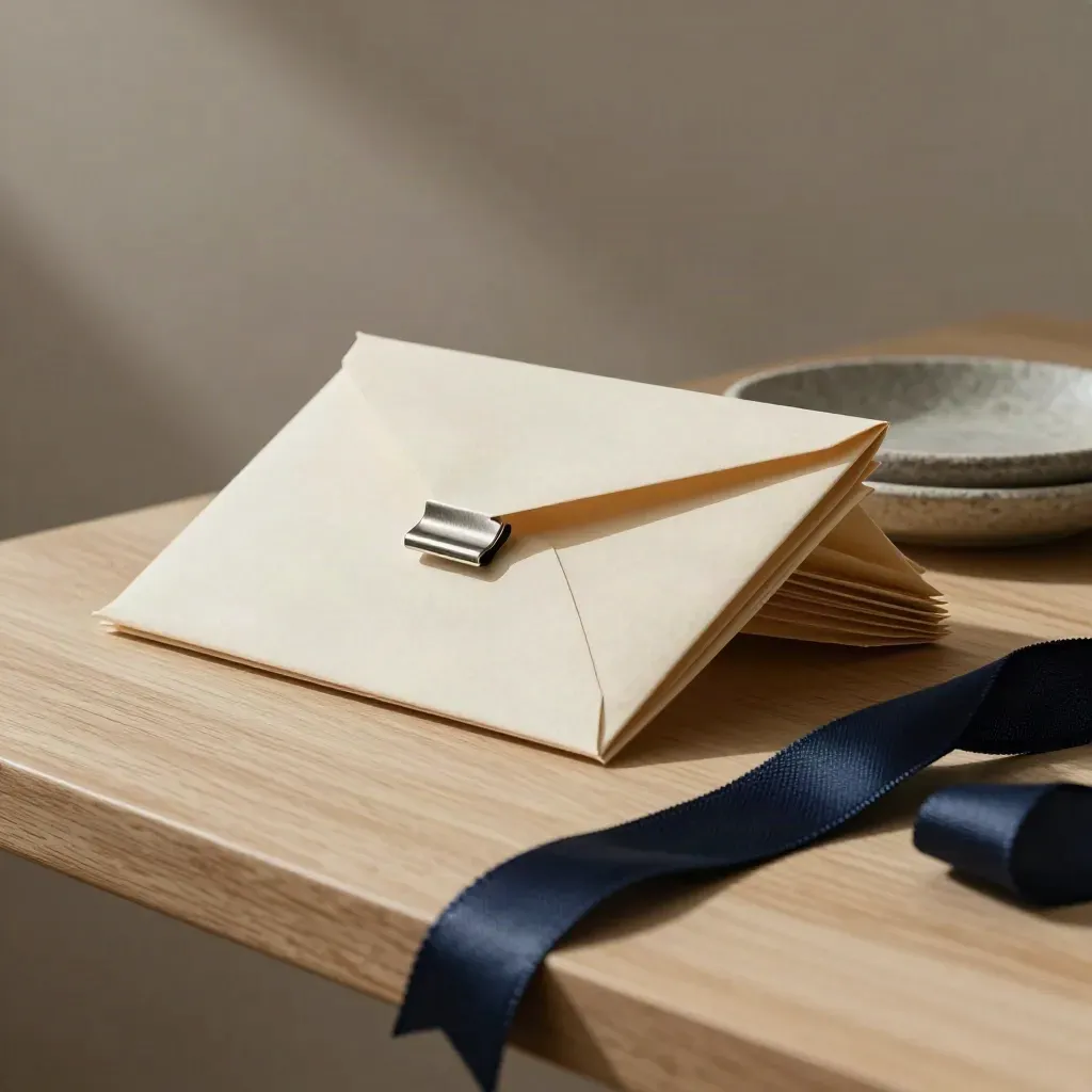 Pile d’enveloppes neutres avec clip métal, soucoupe en pierre et ruban bleu nuit.