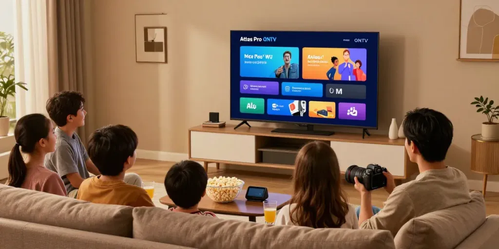 Expérience de divertissement à domicile avec l'application Atlas Pro ONTV sur Smart TV, famille profitant d'une soirée cinéma.