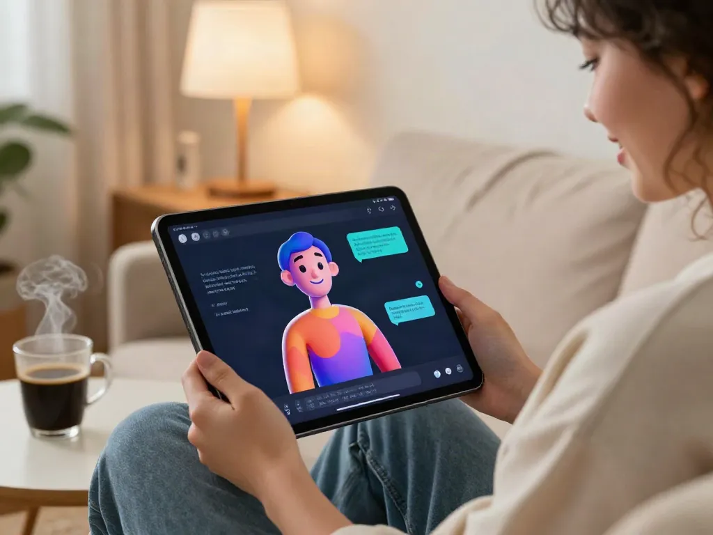 A cozy living room scene with a user engaging in ai porn chat on a tablet, showcasing a vibrant AI avatar.